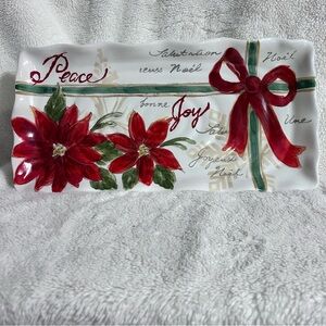 NEW Peace Ribbon Holiday Ceramic Tray with Red Poinsettias by Maxcera